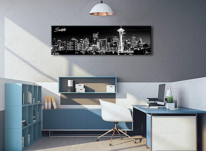 Seattle City Skyline Wall Art Black and White Canvas Prints Panorama Cityscape Picture Night View Painting Poster Modern Artwork Home Decor for Office Living Room - Ready to Hang 13.8" x 47.3"-Ruum Studio Home