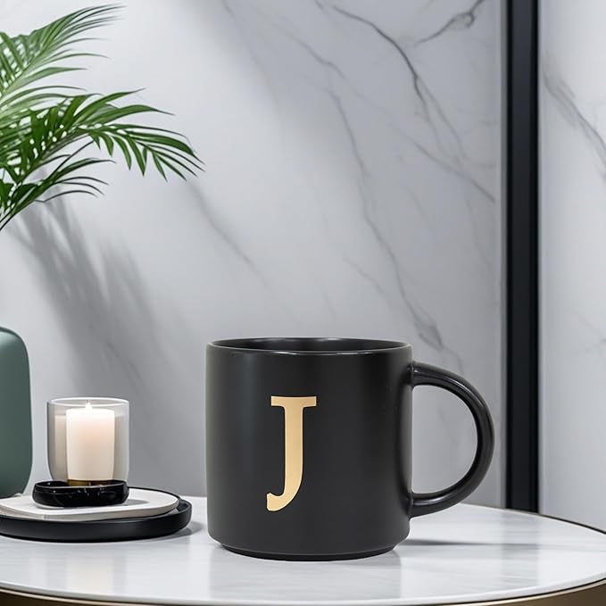 COLLECTIVE HOME - Monogram Ceramic Mugs, 15 oz Golden Initial Black Coffee Cups, Elegant Alphabet Tea Mugs, Elegant Personalized Mug with Gift Box, Unique Mug with Double Side Capital Lette (J)-Ruum Studio Home