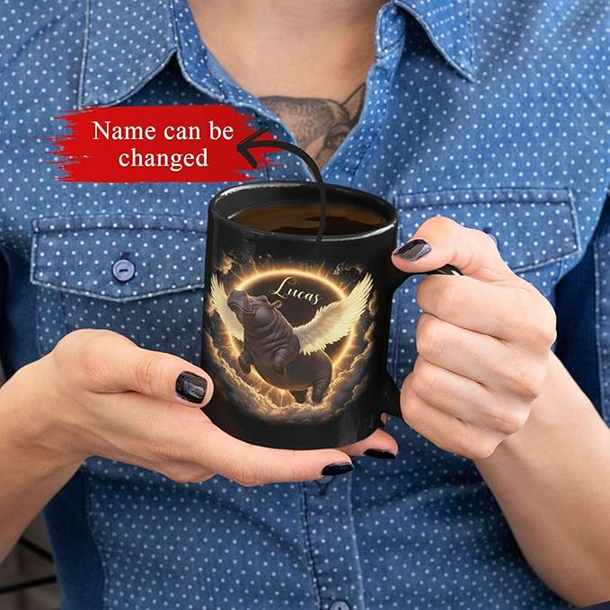 Personalized Choose Name Coffee Mug, Custom Hippo Ceramic Coffee Cup 11oz 15oz, Fantasy Animal Black Cup for Kids, Custom Whimsical Hippo with Wings Mug, Gifts for Holiday-Ruum Studio Home