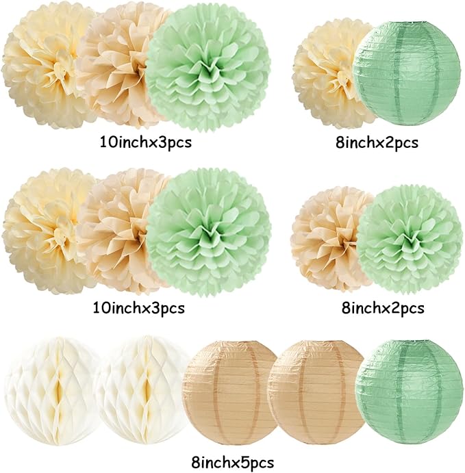 Sage Green-Boho Party-Decorations Paper-Flowers Lanterns - 15PCS Safari Rustic Neutral Baby Shower Tissue Pom Poms Streamers, Champagne Gold Birthday Wedding Graduation Hanging Supplies Decor Hugfond-Ruum Studio Home