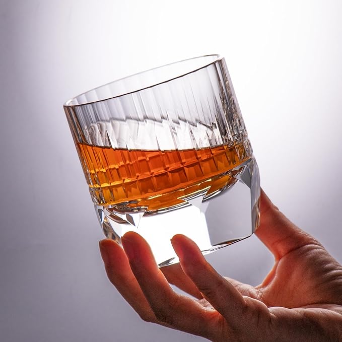 KAMMAK Crystal Whiskey Glasses Set of 2, 7.44oz Old Fashioned Glasses Stemless, Luxury Hand Blown White Cocktail Glasses, Handcrafted Cut Design Octagon Cup for Women, Men Gift for Bourbon-Ruum Studio Home