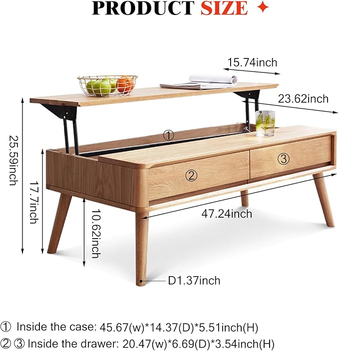 100% Solid Wood Lift Top Coffee Table for Living Room, Mid Century Modern Tables with Drawers and Large Storage, Oak Coffee Tables for Small Spaces (Oak Wood Log, 47.24" W x 23.62" D x 25.59" H)-Ruum Studio Home