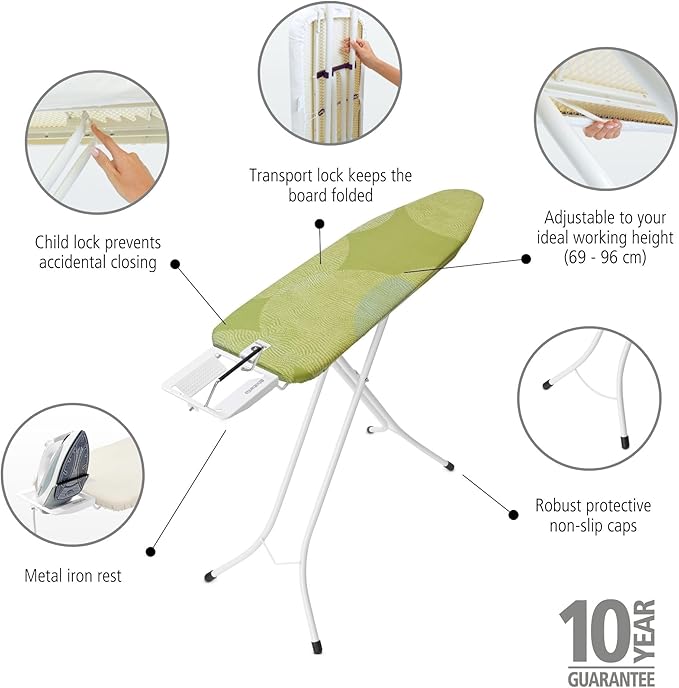 Brabantia Size A Compact Small Ironing Board (43x12 in) 7 Height Options, Adjustable Steam Iron Rest Holder (Calm Rustle) Non-Slip Feet, Anti-Collapse Child Locks-Ruum Studio Home