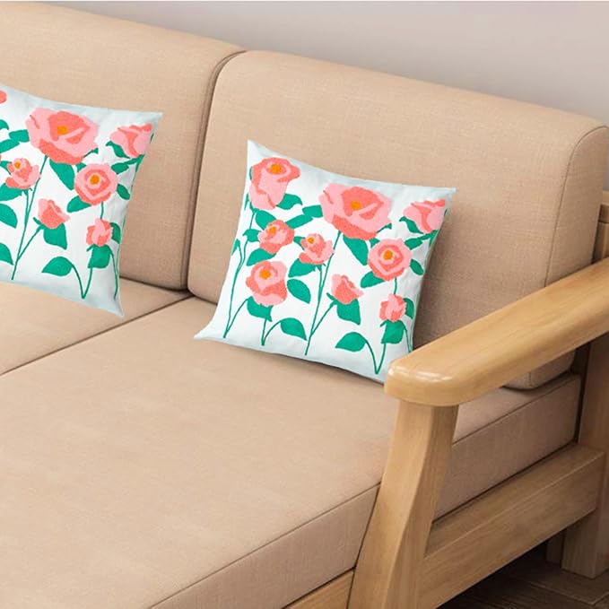 Embroidered Decorative Throw Pillow Cover, 18"x18" Set of 2, Farmhouse Pillowcase Pink Rose Knit Pattern Cotton Canvas Cushion Case Square Floral Pillow Case for Sofa Couch Bed Living Room…-Ruum Studio Home