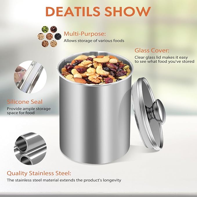 ENLOY Stainless Steel Food Storage Container Set of 3, 88/61/29 oz with Clear Glass Lids - Ideal for Coffee, Tea, Sugar, Flour Canisters-Ruum Studio Home