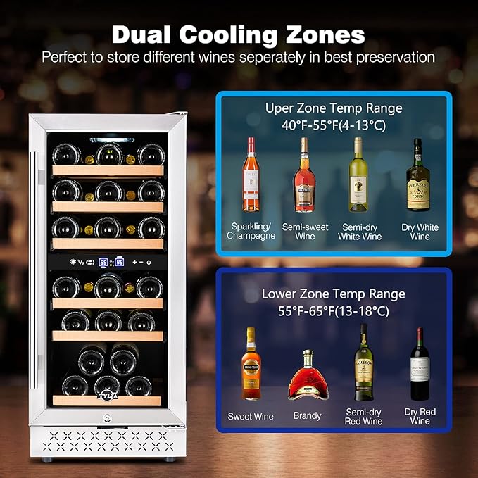 Tylza Mini Fridge 15 Inch Wine Cooler Under Counter, 33 Bottle Dual Zone Wine Fridge with Stainless Steel, Wine Refrigerator Freestanding, Built-in Wine Cellars-Ruum Studio Home