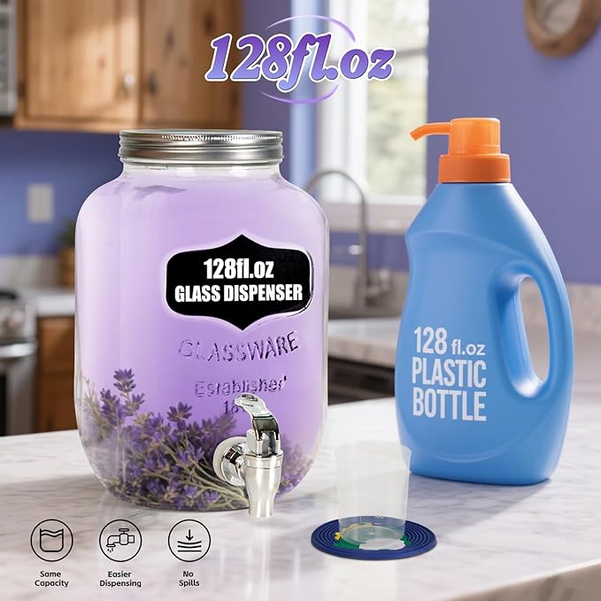 2-Pack 1 Gallon Glass Laundry Detergent Dispenser Set with Bamboo Lids and Stand - Liquid Soap and Fabric Softener Dispensers with Spigots, Cups, Labels and Mats, Laundry Room Organization and Storage-Ruum Studio Home