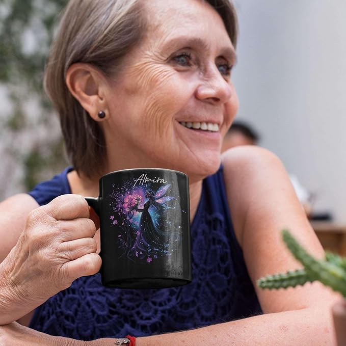 Personalized Beautiful Fairy Holding Flower Coffee Mug, Custom Name Ceramic Cup 11oz 15oz, Enchanted Fantasy Themed Mug, Custom Fairy Lovers Black Cup, Kids Mug, Elegant Fairy Mug-Ruum Studio Home