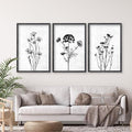 Flower Plant Wall Art Decor 24"x16" Set of 3 Black And White Botanical Painting Wood Framed For Minimalist Bedroom Office Rustic Living Room Abstract Wildflower Sign Hanging (Black)-Ruum Studio Home