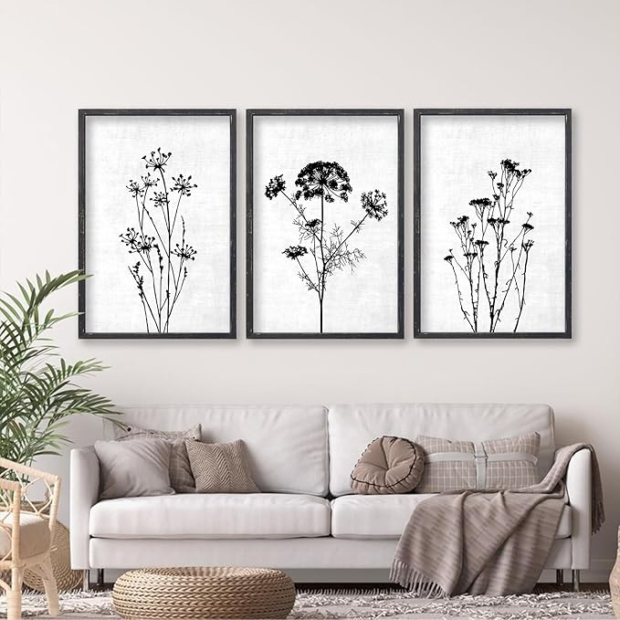 Flower Plant Wall Art Decor 16"x11" Set of 3 Black And White Botanical Painting Wood Framed For Minimalist Bedroom Office Rustic Living Room Abstract Wildflower Sign Hanging (Black)-Ruum Studio Home