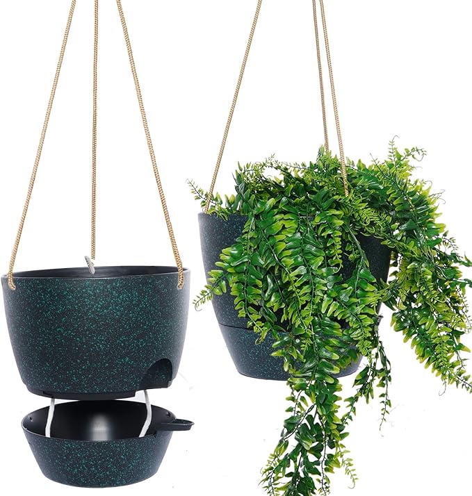 10 Inch Self Watering Hanging Pots, 2 Pack Hanging Planters with 40oZ Deep Reservior for Indoor Outdoor Plants Flowers, Black Speckles-Ruum Studio Home