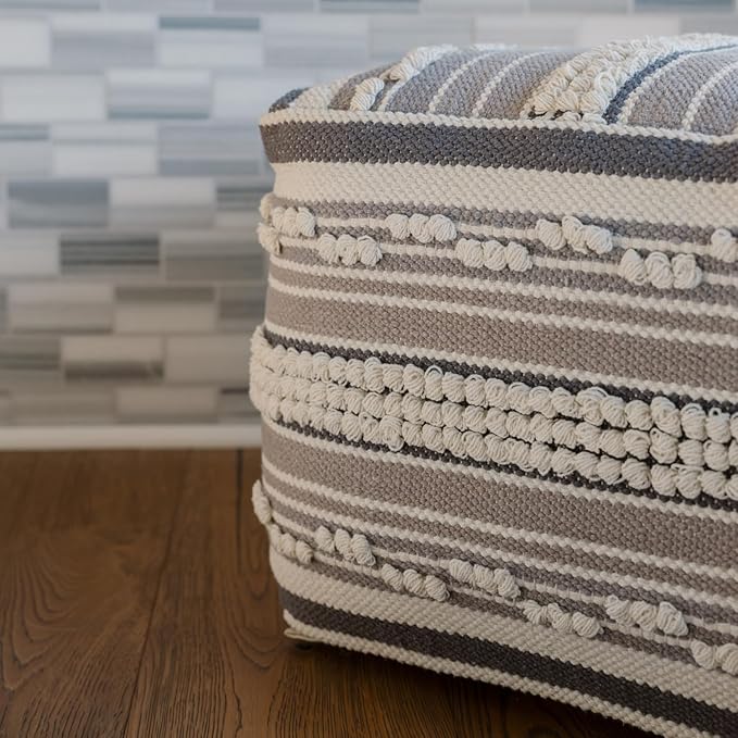 Pouf Ottoman, Square Hand Woven Loop and Striped Ottoman Pouf for Living Room or Bedroom, Floor Chair, Foot Rest or Decorative Home Decor-Ruum Studio Home
