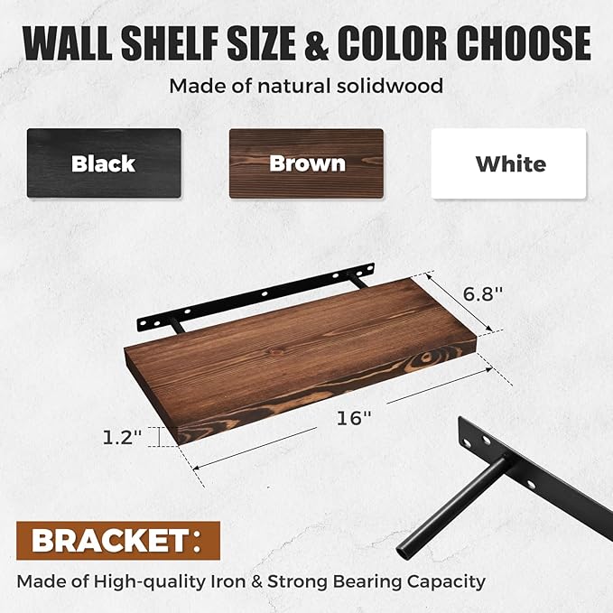 Floating Wall Shelves - 16"x6.8"x1.2" Sturdy Rustic Brown Solid Wood Shelves for Storage and Décor, Easy Installation for Living Room, Bedroom, and Kitchen - 2 Pack-Ruum Studio Home