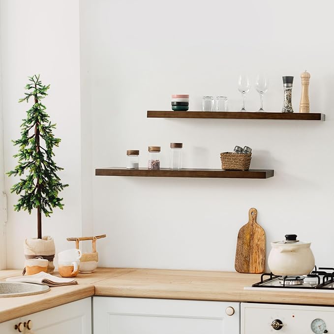 Floating Shelves 36 Inches Long - 8 Inch Deep Rustic Solid Pine Wood for Storage - Farmhouse Wall Mounted for Living Room - Heavy-Duty Metal Bracket - 36" W x 8" D - Set of 2 - American Walnut Color-Ruum Studio Home