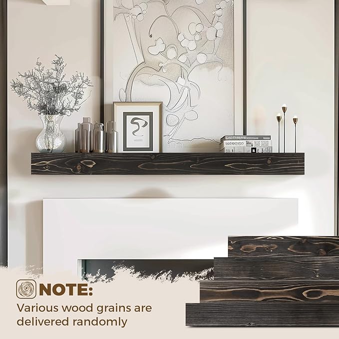 48x8x3 Fireplace Mantel - Handcrafted Hollow Rustic Solid Wood Wall Mounted Floating Shelf with Invisible Heavy Duty Wood Bracket (Weathered Black)-Ruum Studio Home