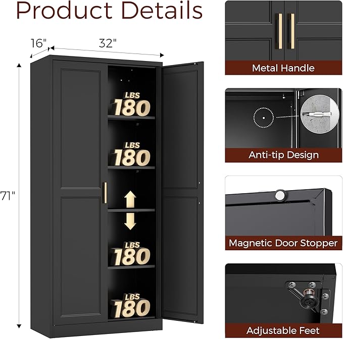 71" Tall Metal Pantry Cabinet, Black Kitchen Pantry Storage Cabinet with 4 Adjustable Shelves and Gold Handles, Cupboard for Kitchen, Dining Room, Living Room, Bathroom-Ruum Studio Home