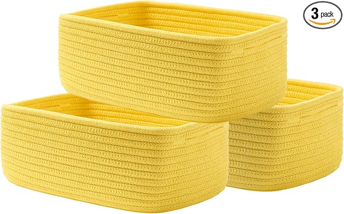 KALLAX Small Woven Basket, 12 x 8 x 4.5 Inches, Storage Basket for Organizing, Cute Small Rope Shelf Closet Cube Storage Bins Baskets for Shelves, Dog Toy Gift Baskets Empty, 3 Pack Yellow-Ruum Studio Home
