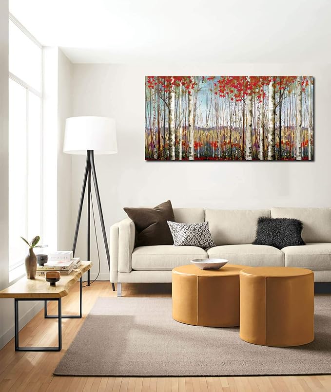 Canvas Wall Art for Living Room Bedroom Modern Wall Decor of Red Leaves White Birch Tree Forest Giclee Print Painting Artwork Wall Decoration 24x48 Large Size with Wood Framed Easy to Hang for Home-Ruum Studio Home