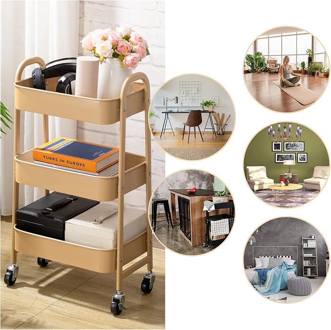AGTEK Makeup Cart, Movable Rolling Organizer Cart, 3 Tier Metal Utility Cart with Lockable Wheels for Home & Office, Golden-Ruum Studio Home