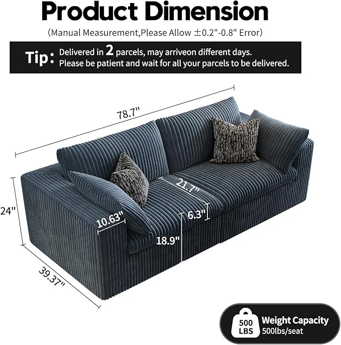 LoveSeat Cloud Couch Modular Sectional Sofa for Living Room,Modern Sofa with Deep Seat，2 Seater Boneless Couch,Comfy Upholstered Corduroy Couches for Apartment, Studio, Office,Bedroom，Blue-Ruum Studio Home