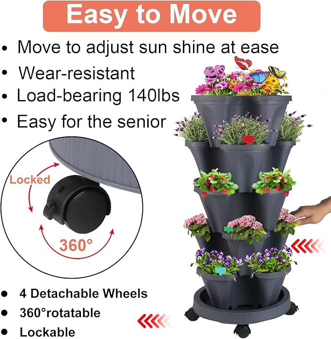 Vertical Planter, 5 Tier Stackable Strawberry Planter with Garden Tool Set, Movable Indoor/Outdoor Garden Herb Pot for Growing Vegetables and Succulents, Dark Gray-Ruum Studio Home