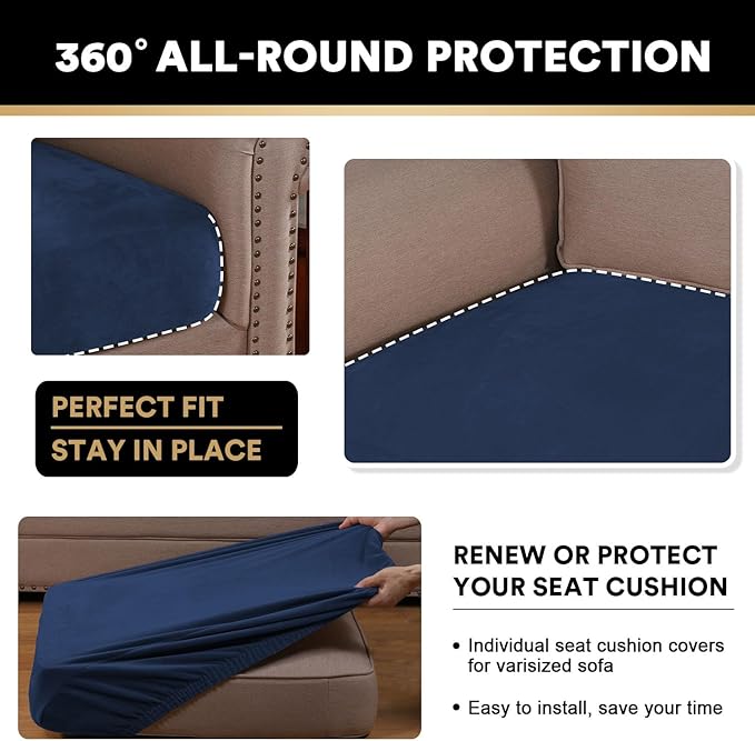 PrinceDeco Velvet Couch Cushion Covers 3 Pieces Velvet Separate Couch Cover Stretch Sofa Slipcover Washable Furniture Protector for Sectional Sofa(Each Width Up to 40", Navy)-Ruum Studio Home