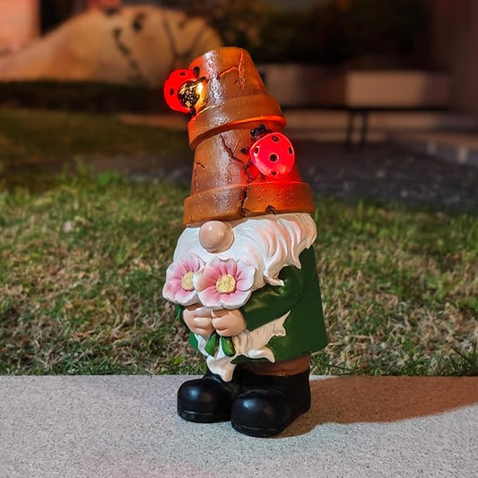 COWOS Garden Gnome Statues Outdoor Decor, Solar Gnomes with LED Lighted Flowers, Solar Resin Outdoor Statue Sculpture, for Woman Gift Home and Garden Decor-Ruum Studio Home