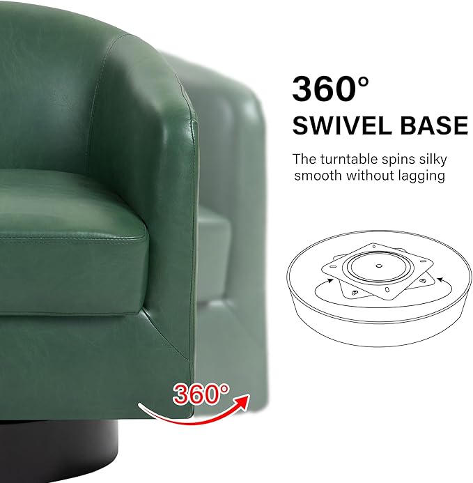 Swivel Barrel Accent Chair, Modern Round Faux Leather Arm Chair for Living Room, Bedroom, Comfy Club Reading Chairs for Adults(Faux Leather, Green, Set of 1)-Ruum Studio Home