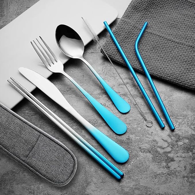 Travel Utensils Set with Case Reusable Portable Cutlery Set Stainless Steel 8pcs Including Dinner Knife Fork Spoon Chopsticks straws(Gradient Blue)-Ruum Studio Home