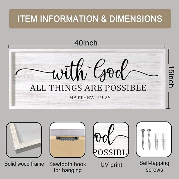 With God All Things are Possible Framed Wall Art, 40''×15'' White Holy Religious Rustic Bible Verse for Christian God Jesus Christ Prayer, Positive Horizontal Inspirational Catholic Scripture Decor-Ruum Studio Home