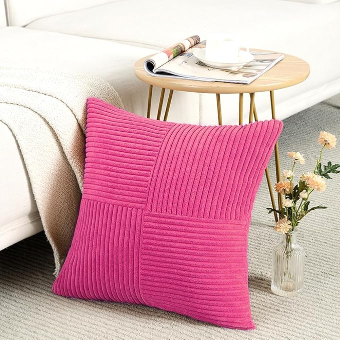Fancy Homi 2 Packs Hot Pink Decorative Throw Pillow Covers 16x16 Inch for Living Room Couch Bed Sofa, Rustic Farmhouse Boho Home Decor, Soft Corss Patchwork Corduroy Textured Cushion Case 40x40 cm-Ruum Studio Home