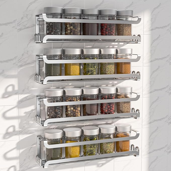 LUCYCAZ 4 Pack Wall Mounted Spice Rack with 16 Hooks, Spice Organizer Shelf for Stove Cabinet Pantry Door,Screw or Adhesive Spice Shelf Hanging Wall Spice Rack in Kitchen and RV (Silver, 4 PACK)-Ruum Studio Home