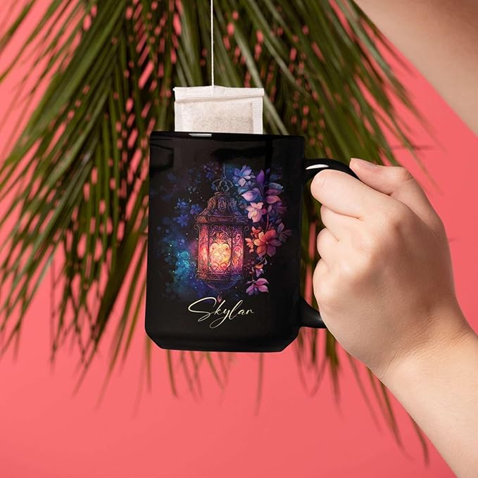 Custom Vintage Lantern With Flowers Coffee Mug, Personalized Name Ceramic Cup 11oz Or 15oz, Glowing Light And Flowers Mug, Customized Enchanted Nature Black Cup, Gift For Friends-Ruum Studio Home
