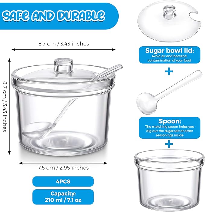 Patelai 4 Pieces Sugar Bowl Acrylic Clear Sugar Bowl with Lid and Salt Spoon Storage Jar with Airtight Lid for Salt, Tea, Spices, Herbs, Condiments(7.1 oz)-Ruum Studio Home