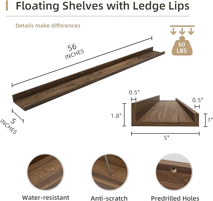 Picture Ledge Shelf, Wood Long Floating Shelves for Wall, Set of 2, 56 inch Picture Ledge Shelves, Photo Ledge Nursery Book Shelves Wall Mounted for Living Room Kids' Room Bedroom, Color Walnut-Ruum Studio Home