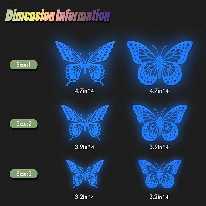 SAOROPEB Glow in The Dark 3D Butterfly 24 Pcs 3 Sizes, Luminous Butterfly Stickers for Ceiling or Wall, Glow in The Dark Party Supplies, Removable Luminous Stickers for Kids Babys Nursery (Blue)-Ruum Studio Home