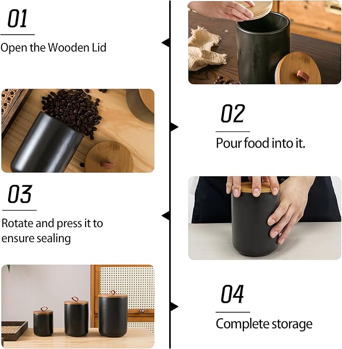 Black Canister Sets for Kitchen, 3pcs Ceramic Canisters with Airtight Wooden Lid, Food Storage Jar, Large Kitchen Storage Containers for Serving Coffee Beans, Tea, Sugar, Salt, Spices-Ruum Studio Home