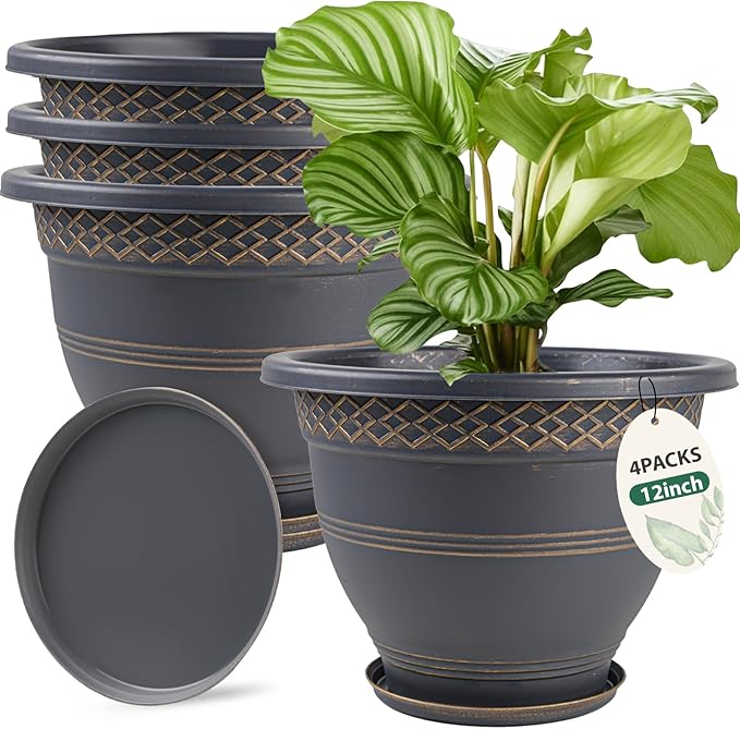 4 Pack 12 Inch Large Plant Pots, Plastic Flower Pot for Indoor & Outdoor with Drainage Holes & Saucer, Plaid Pattern Planters Garden Pots for Herbs-Ruum Studio Home