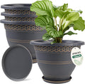 4 Pack 12 Inch Large Plant Pots, Plastic Flower Pot for Indoor & Outdoor with Drainage Holes & Saucer, Plaid Pattern Planters Garden Pots for Herbs-Ruum Studio Home