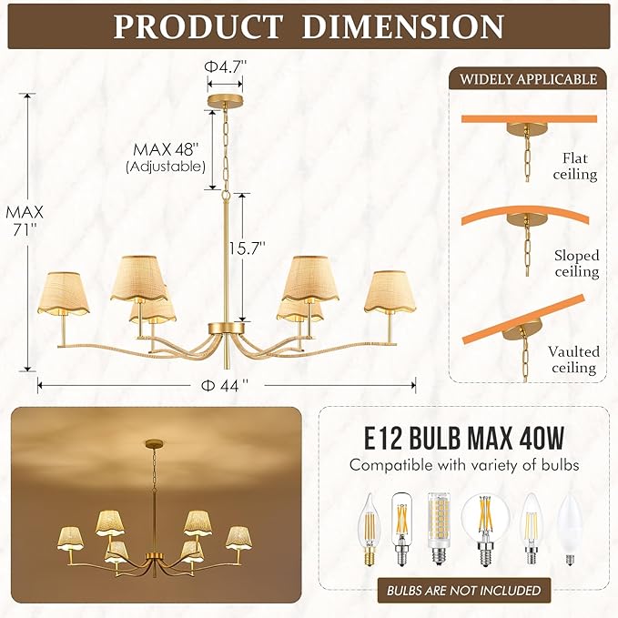 6 Light Boho Rattan Chandelier 44'' Brass Gold Chandelier Light Fixture Hand Woven Dining Room Chandeliers for Entryway Bedroom Living Room Bathroom-Ruum Studio Home