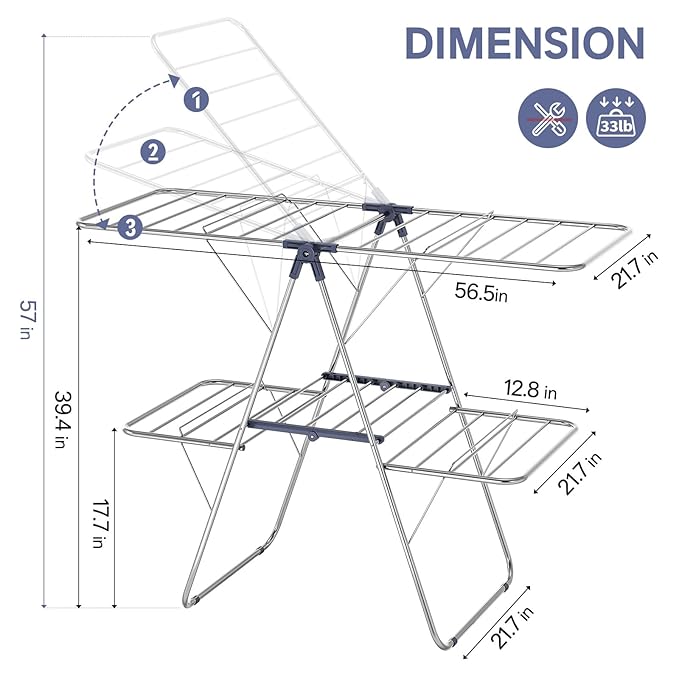 APEXCHASER Clothes Drying Rack with 4 Wings, Drying Rack Clothing with Height-Adjustable, Foldable Gullwings Laundry Drying Rack, Indoor Outdoor Use, No Assembly, Blue-Ruum Studio Home