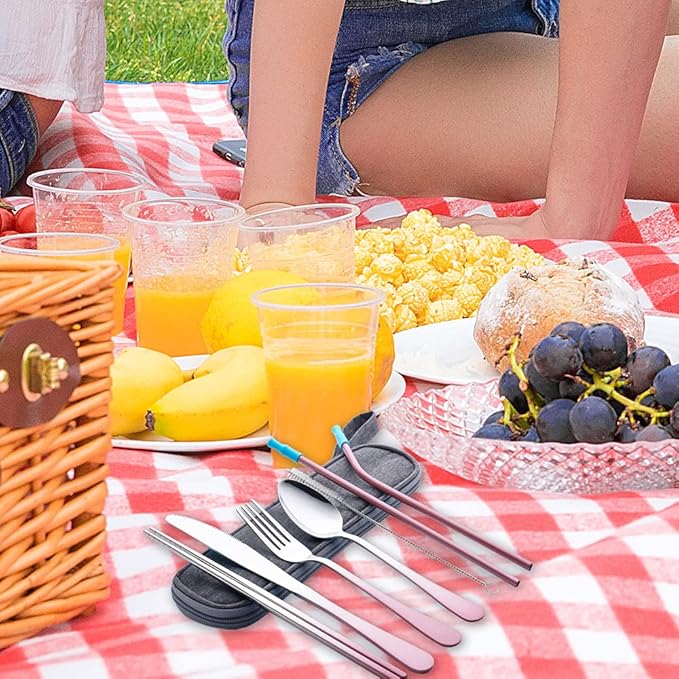 Travel Utensils Set with Case Reusable Portable Cutlery Set Stainless Steel 8pcs Including Dinner Knife Fork Spoon Chopsticks straws(Gradient Pink)-Ruum Studio Home