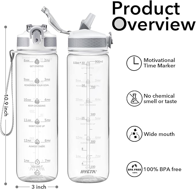 Hyeta 32oz Water Bottles with Straw - Stay Motivated and Hydrated with Convenient Times to Drink Markings, Durable, Leak-proof-Ruum Studio Home