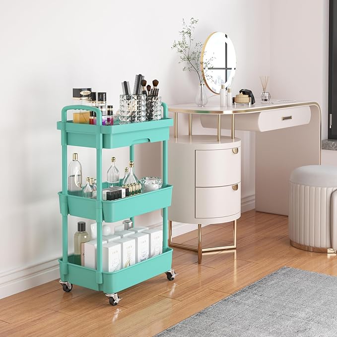 Calmootey 3-Tier Rolling Utility Cart with Drawer,Multifunctional Storage Organizer with Plastic Shelf & Metal Wheel,Storage Cart for Kitchen,Bathroom,Living Room,Office,Green-Ruum Studio Home