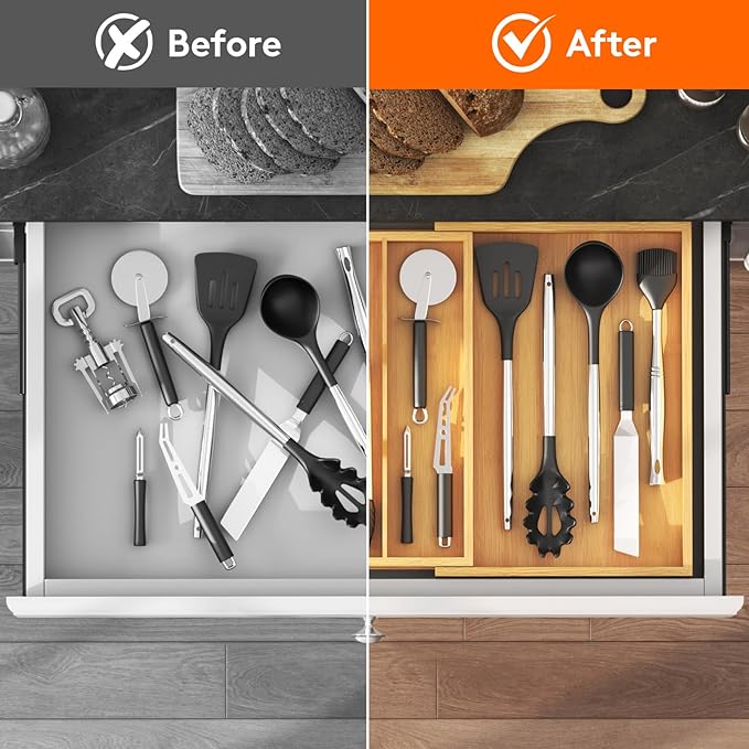 Lifewit Utensil Drawer Organizer, Expendable Cooking Silverware Tray for Kitchen Drawer, Bamboo Adjustable Cutlery Flatware Holder, Spatula Tools and Gadgets Storage Divider, 4 Compartments, Natural-Ruum Studio Home