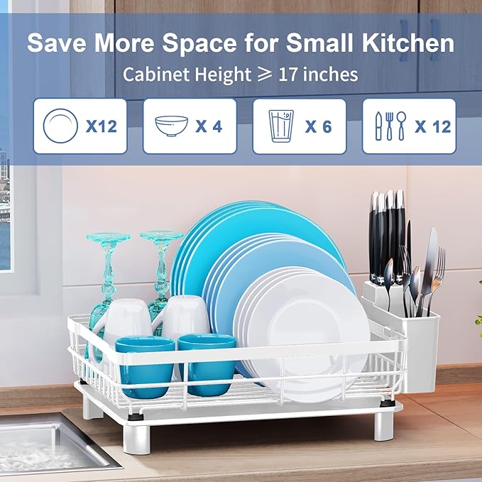 MOUKABAL Dish Drying Rack, Dish Rack, Large Dish Racks for Kitchen Counter, Drying Rack Kitchen with Removable Utensil Holder, Drainboard 16.9" x 12.9" x 5.9"(White)-Ruum Studio Home