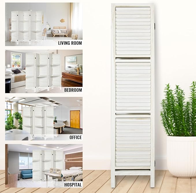 Room Divider with Shelves, Privacy Screen, Room Dividers and Folding Privacy Screens, 5 Panel Wood Temporary Wall Partition Separation Separator, White-Ruum Studio Home
