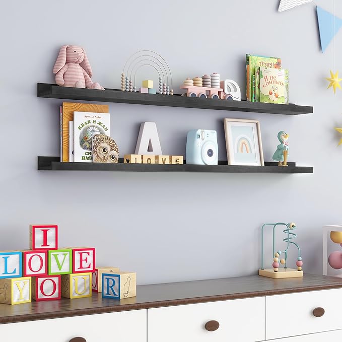 Picture Ledge Shelf for Wall, 48 inch Solid Pine Wood Nursery Book Shelves 2 Packs, Floating Ledge Shelves for Kids' Room Bedroom Bathroom Living Room Photo Frames Office Nursey Wall Decor, Black-Ruum Studio Home
