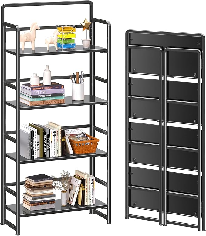 4NM No Assembly Foldable Bookshelf, 4-Shelf Collapsible Bookcase Storage for Small Spaces, 54" H, All Black-Ruum Studio Home