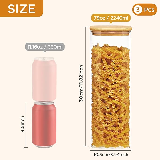 Square Glass Food Storage Jars with Lids[Set of 3], Perfect for Pasta, Cookies, Nuts, Coffee, Cereal, Flour, Organize Your Kitchen and Pantry with these BPA-Free Glass Jars with Canisters-Ruum Studio Home